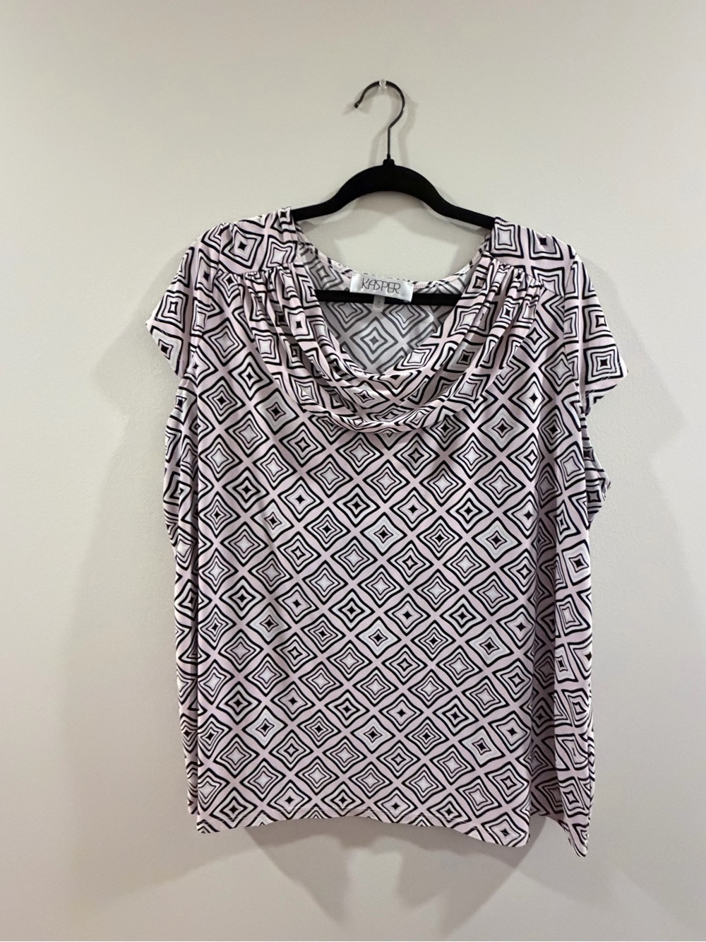 Kasper White and Black Geometric Cowl Neck Blouse